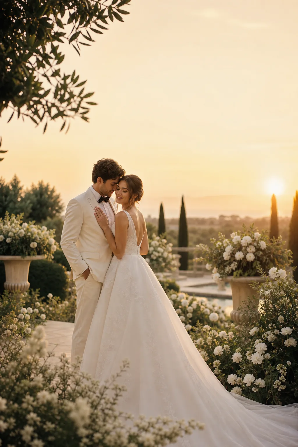 Sofía y Alejandro en un jardín elegante al atardecer